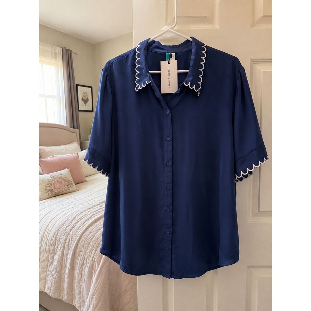 41 Hawthorn Sophie Scalloped Collar Navy Blouse XXL NWT